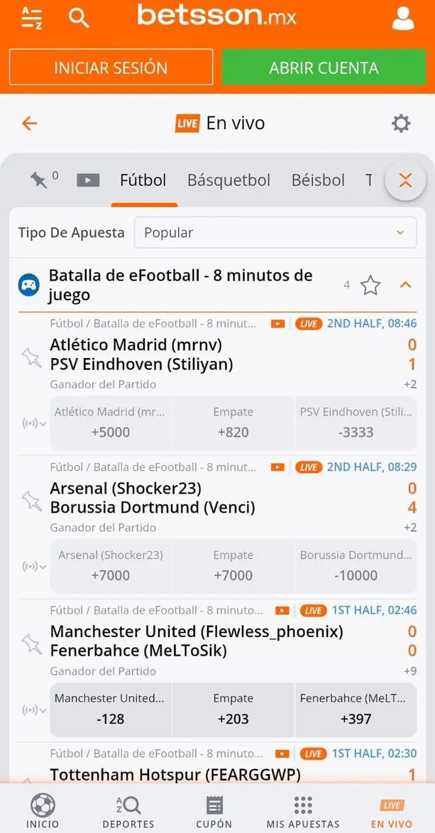 Schermata dell'interfaccia mobile per scommesse live