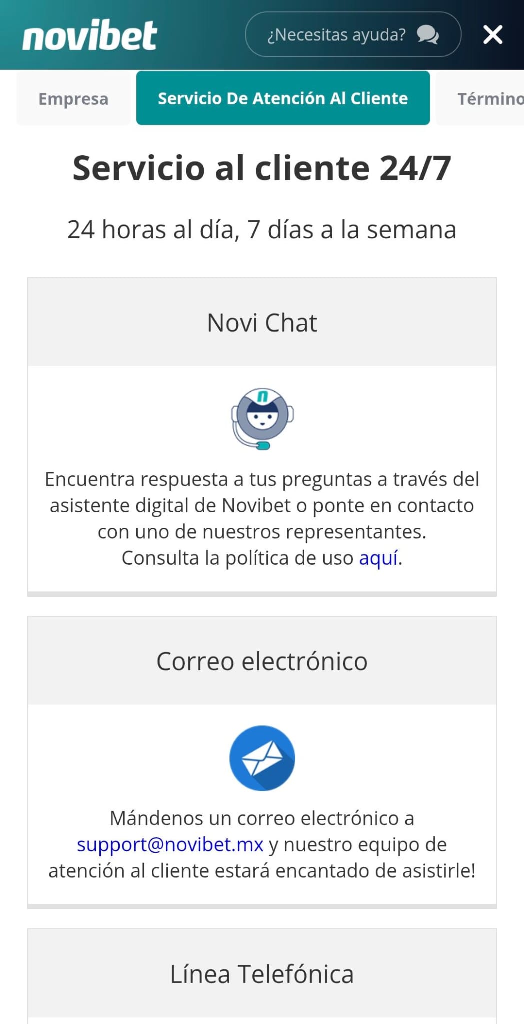 Atencion al cliente Novibet movil