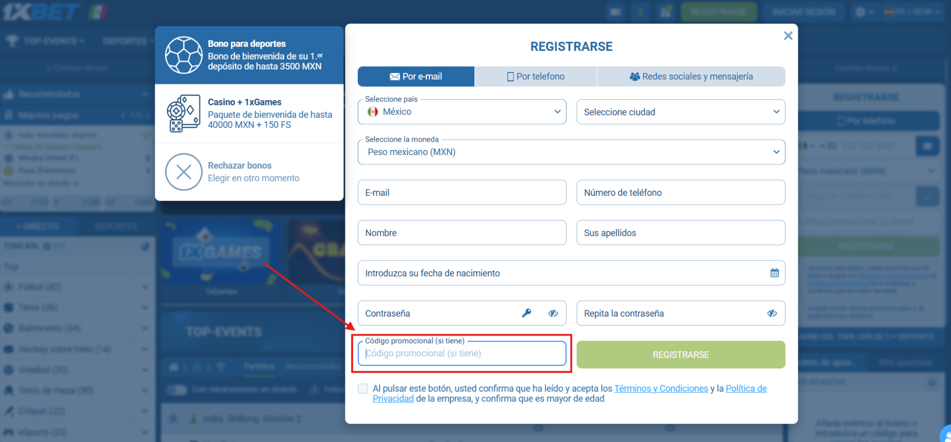 código promocional de 1xbet