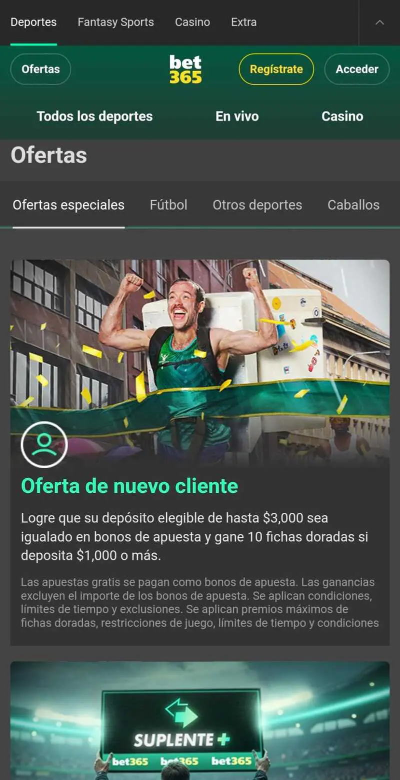 Interfaz de ofertas y promociones en la app móvil de Bet365