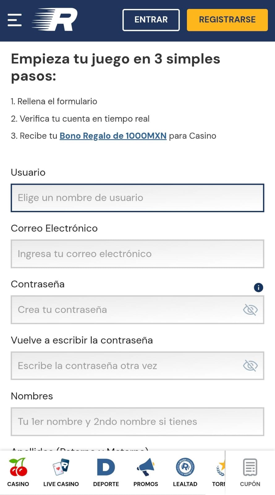 Registro Rushbet movil