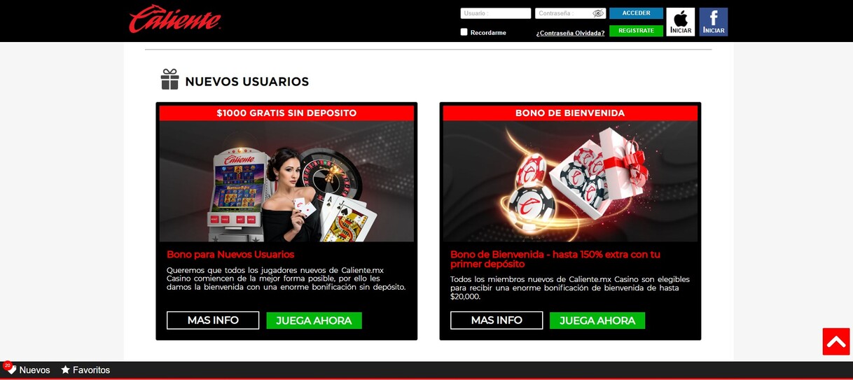 Bono de bienvenida Casino Caliente Mexico pc