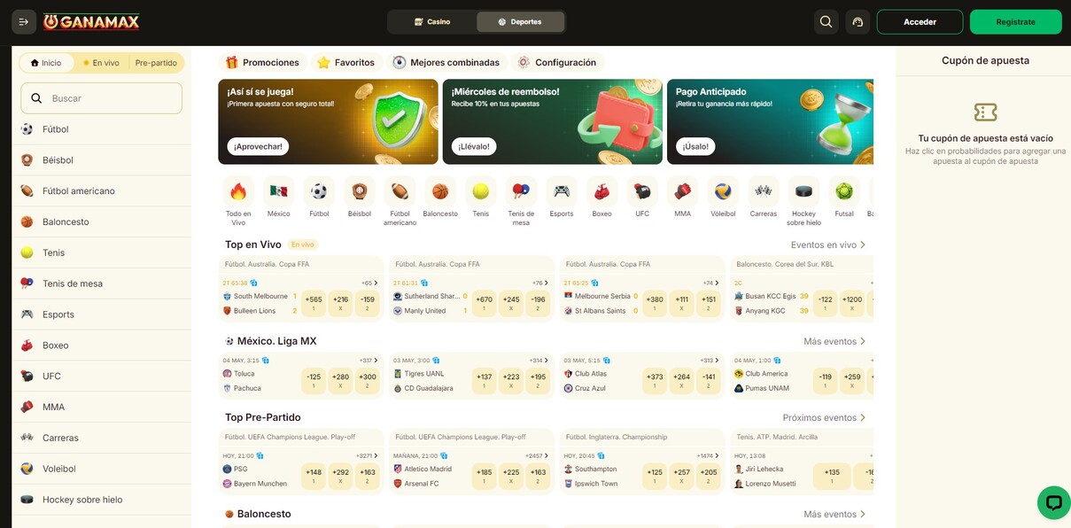 Ganamax Deportes México Página principal pc