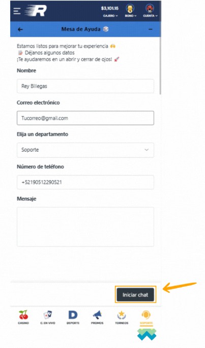 Indicacion chat en vivo Rushbet Mexico