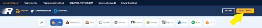Rushbet mx botón de registro
