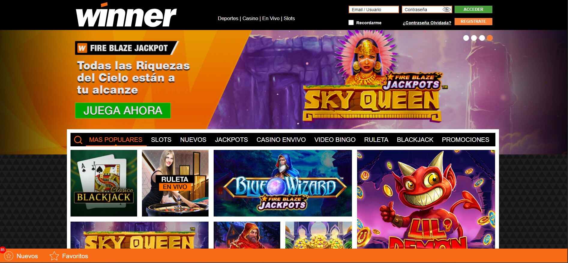 Winner Casino MX Página principal pc