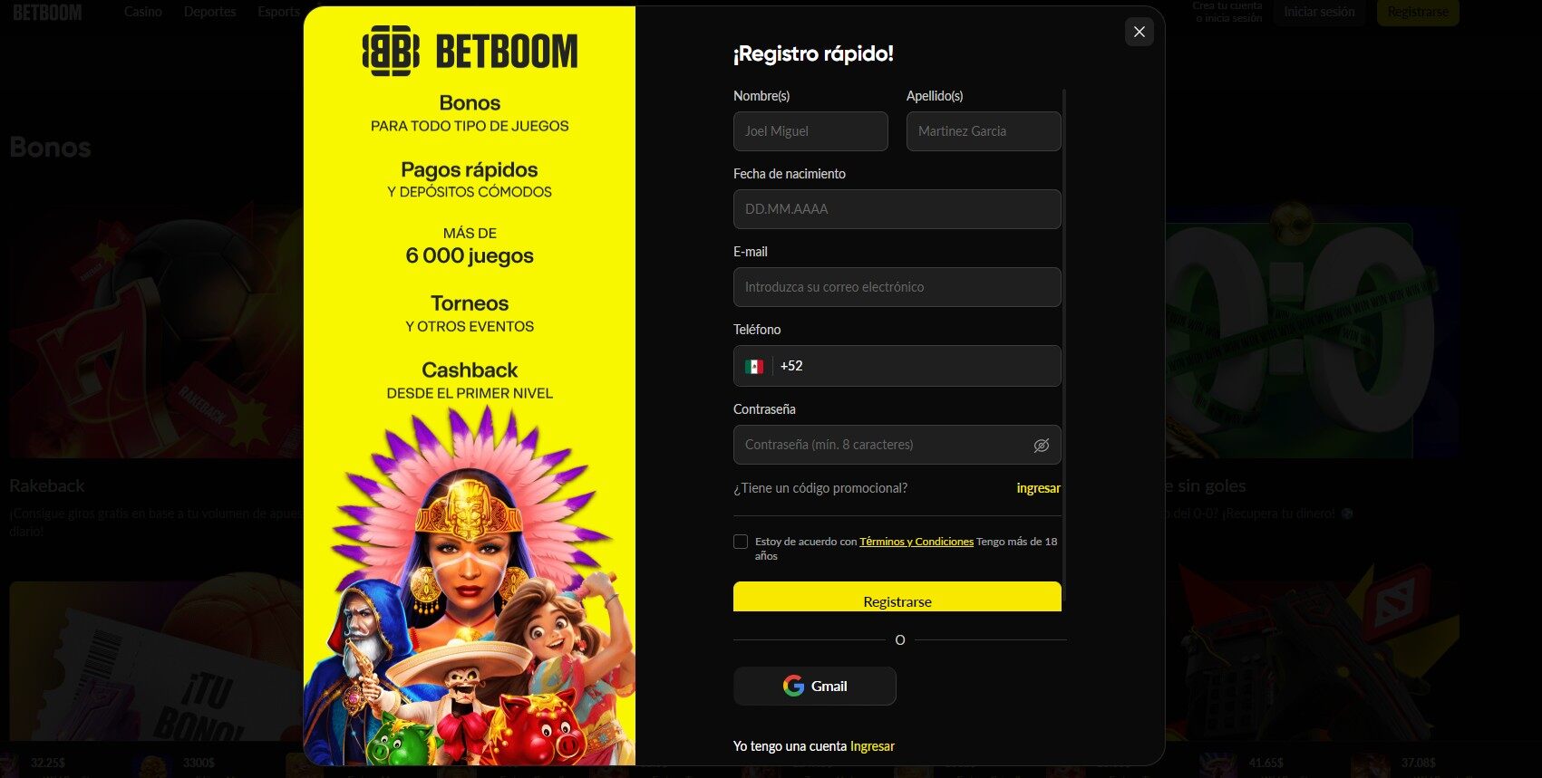 Betboom MX Casino Registro pc
