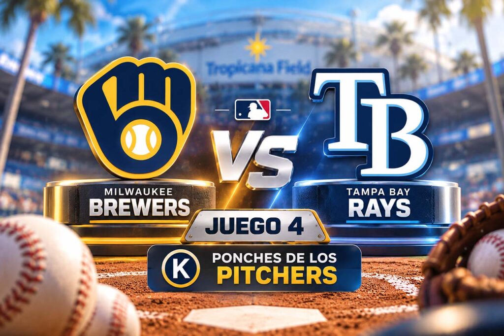 Brewers vs Rays Juego 4 con los logos de ambos equipos y el análisis de momios a ponches de los pitchers
