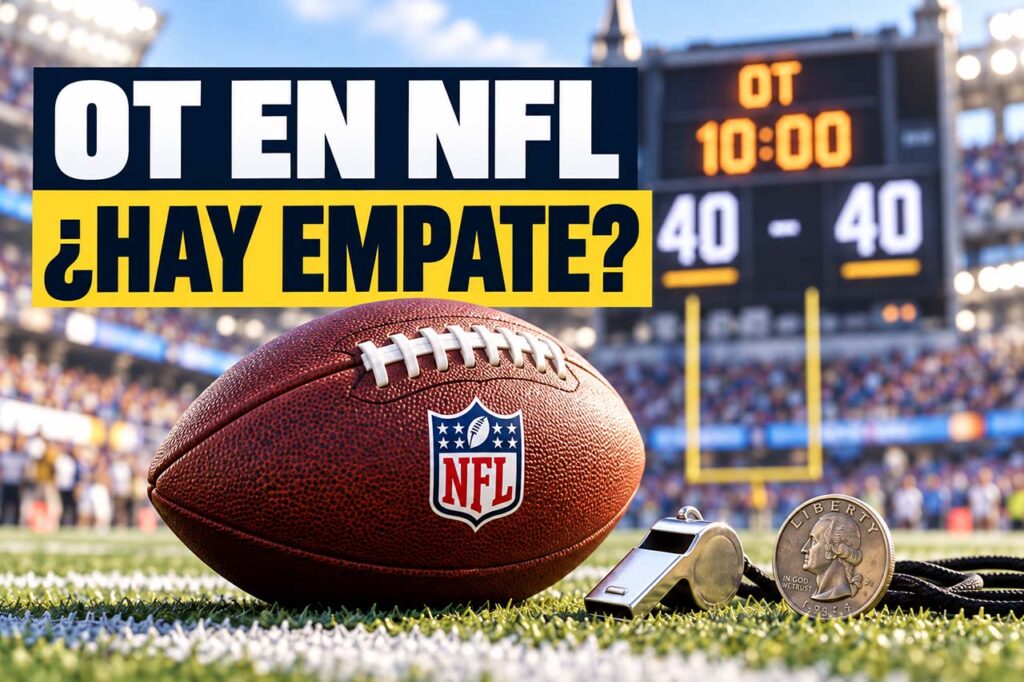 Reglas de la prórroga en un partido de NFL con balón de fútbol americano y marcador empatado 40-40